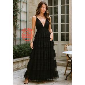 ZARA Black Ruffled Tiered Tulle Maxi Dress 🖤✨ | Size S | NWT | Rare